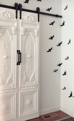 black bats are on the wall next to white closet doors and rugs in a room