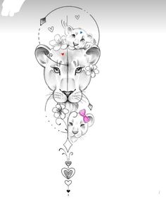 a drawing of a lion with flowers on it's head and hearts around its neck