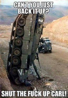 an image of a tank that is on the side of a road with words above it