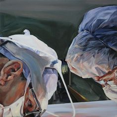 an oil painting of two doctors performing surgery on a patient's head and neck