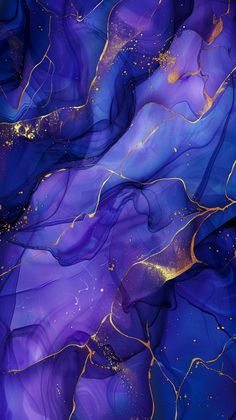 an abstract painting with gold and blue colors