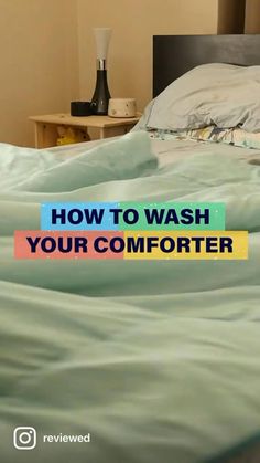 an unmade bed with the words how to wash your comforter