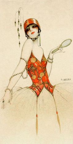 a drawing of a woman in an orange dress holding a tennis racket and wearing pearls