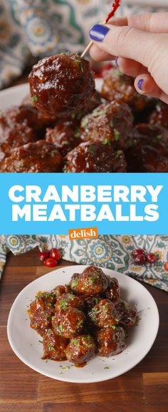 cranberry meatballs on a plate with a toothpick in the middle