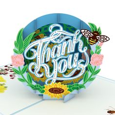 a thank you card with sunflowers, bees and flowers in the center that says thank you