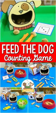 a dog themed counting game with the words feed the dog