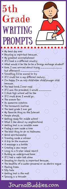 the 5th grade writing prompts list is shown in purple and white with an image of a