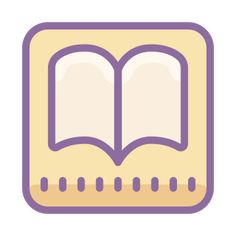 an open book icon on a purple and yellow square button with white dots in the middle