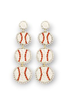 Home Run White Three Tier Baseball Beaded Earrings-Golden Stella-L. Mae Boutique Drops Design Inspired, Baseball Game Outfit, Baseball Theme Party, Game Outfit, Graphic Tee Dress, Drop Design, Baseball Game, Three Tier, Home Run