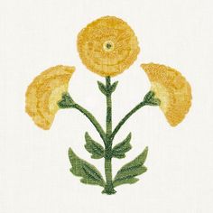 a yellow flower with green leaves on a white background is featured in this embroidery pattern