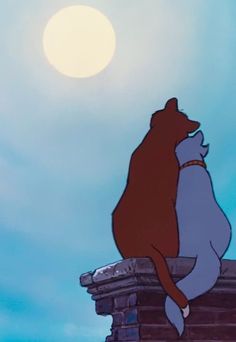 a cartoon bear sitting on top of a brick building with the moon in the background