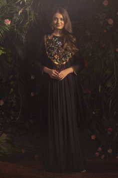 Black anarkali with thread, sequin embroidery in floral pattern on yoke. - Aza Fashions Anarkali Embroidered Georgette Dress, Anarkali Embroidered Dress With Dupatta For Reception, Anarkali Embroidered Maxi Dress With Dupatta, Festive Anarkali Embroidered Dress For Reception, Anarkali Embroidered Dress With Dupatta, Anarkali Embroidered Dress For Reception And Festivals, Anarkali Resham Embroidered Dress For Reception, Anarkali Embroidered Dress For Reception With Resham Embroidery, Anarkali Embroidered Dress For Reception