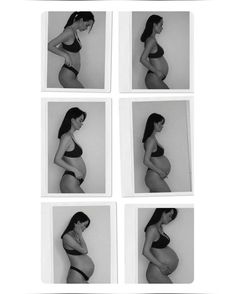 six photos of a pregnant woman in black and white, all showing their stomachs