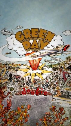 the green day poster is in color and has an image of people flying around it