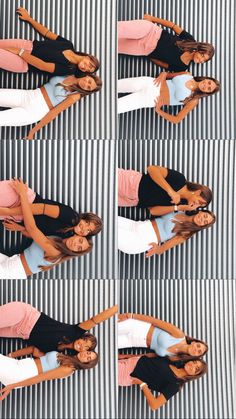 four pictures of a woman laying on the ground with her hands in her hair and wearing white pants