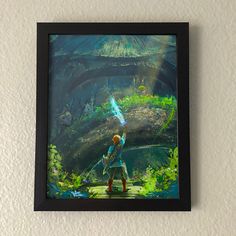 the legend of zelda is standing in front of a wall with a painting on it