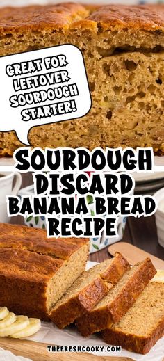 there is a loaf of sourdough bread with bananas on the side and an advertisement above it