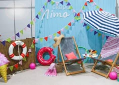 an assortment of beach chairs and umbrellas in front of a sign that says crop mimo