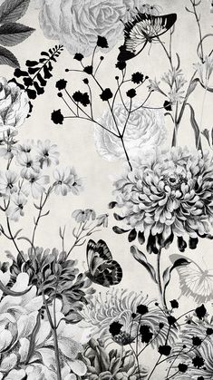 a black and white floral wallpaper with butterflies on it's back drop down