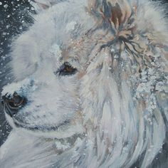 a painting of a white dog with snow all over it's face and nose