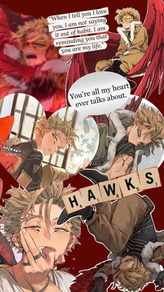 some anime characters are talking to each other with speech bubbles above their heads and the caption says, you're all my heart ever talks about hawks