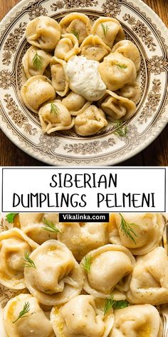 two plates filled with dumplings on top of a wooden table