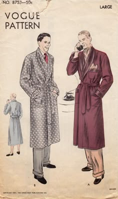 1950s Vogue, Vintage Vogue Patterns, Bathrobe Men, Vogue Men, Vintage Mens Fashion, Vogue Sewing Patterns, Vogue Pattern, Vogue Patterns, Vintage Vogue