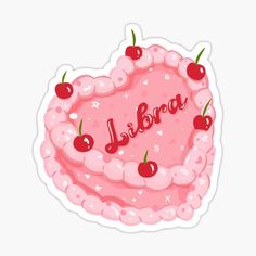 a pink cake with cherries and the word bee on it sticker is shown