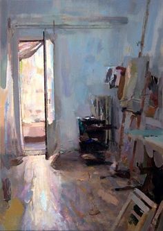 an oil painting of a room with a chair