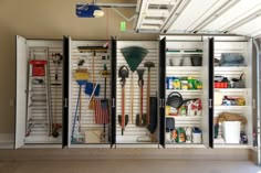 the inside of a garage with tools and cleaning supplies