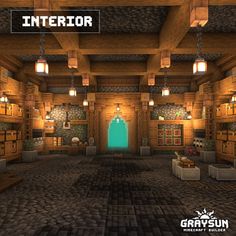 the interior of an old minecraft building with lots of wood and stone flooring