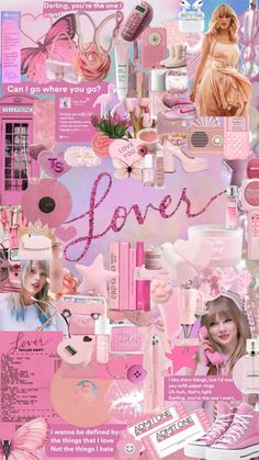 a collage of pink and white items with the word love written on them in cursive writing