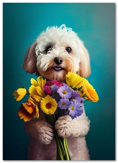 a painting of a dog holding flowers in its mouth and looking up at the camera