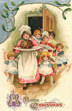 an old fashioned christmas card with children holding cake on it's platter and the words merry christmas written below