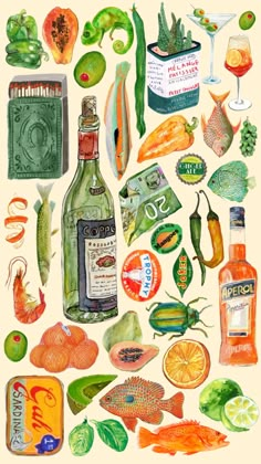 watercolor painting of various food and drink items on white paper with oranges, lemons, limes, tomatoes, fish, cucumbers, etc