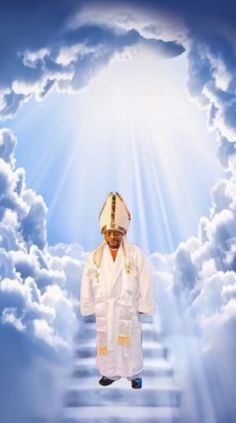 a man standing in the clouds with his hands on his hips and wearing a priest's outfit