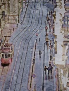 a painting of people walking on the sidewalk in front of a train track and buildings