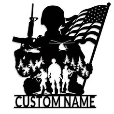 an army silhouette with the american flag and two soldiers