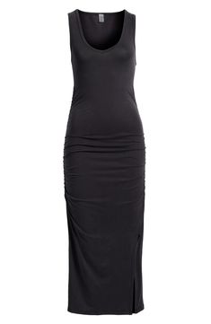 This essential midi dress is so versatile you can wear it over your swimwear during the day and out to dinner later. The deep neckline and the side slits give it breezy wearability so you can wear it again and again. 46" length (size Medium) Slips on over head V-neck Sleeveless Side slits Unlined 94% lyocell, 6% elastane Machine wash, tumble dry Made in the USA of imported fabric Summer Night Out Elastane Maxi Dress, Black Elastane Midi Dress For Summer, Sleek Summer Bodycon Dress, Stretch Longline Bodycon Summer Dress, Summer Bodycon Dress With Flattering Silhouette, Summer Longline Midi Dress With Side Slits, Longline Summer Midi Dress With Side Slits, Summer Midi Dress For Night Out With Ruched Back, Summer Midi Dress With Ruched Back For Night Out