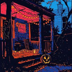 an illustration of a porch decorated for halloween