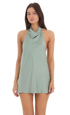 Satin Halter Open Back Dress in Sage | LUCY IN THE SKY Green Satin Mini Dress, Upf Clothing, Hoco Dress, Casual Day Dresses, Green Dresses, Open Back Dress, Semi Formal Dresses, Open Back Dresses, Straight Dress