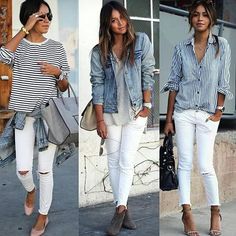 How cute is @sincerelyjules ☝️✌👌? Striped Shirts, Spring Clothes, Soft Classic, Jeans Outfit, Fashion Mode, Street Style Outfit