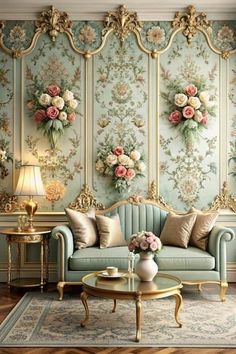 a living room filled with furniture and flowers on the wall