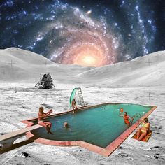 people are swimming in an artificial pool on the surface of the moon, surrounded by stars