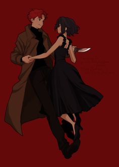 a man and woman dressed in black standing next to each other, with one holding a knife