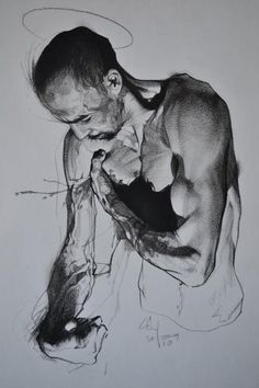 a black and white drawing of a man holding his head