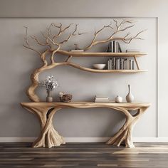 a wooden table with bookshelves and vases on it in front of a wall