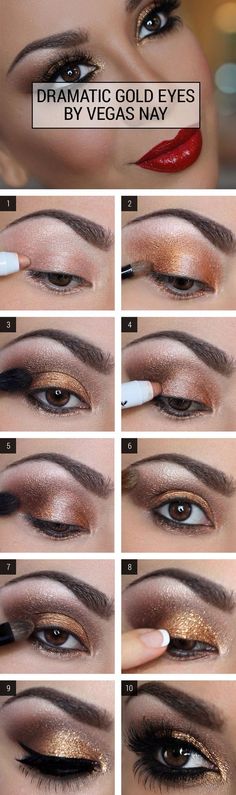 How to Get Dramatic Gold Glitter Eyes Trucco Smokey Eye, Eye Makeup For Brown Eyes, Bild Gold, Gold Eye Makeup Tutorial, Permanente Make-up, Gold Eye Makeup, Linda Hallberg, Makijaż Smokey Eye