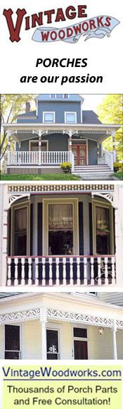 an advertisement for vintage woodwork's porches and our passion, featuring two photos of