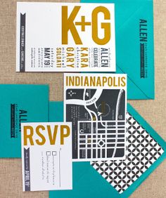 the wedding stationery was designed in teal, black and gold with bold geometric designs